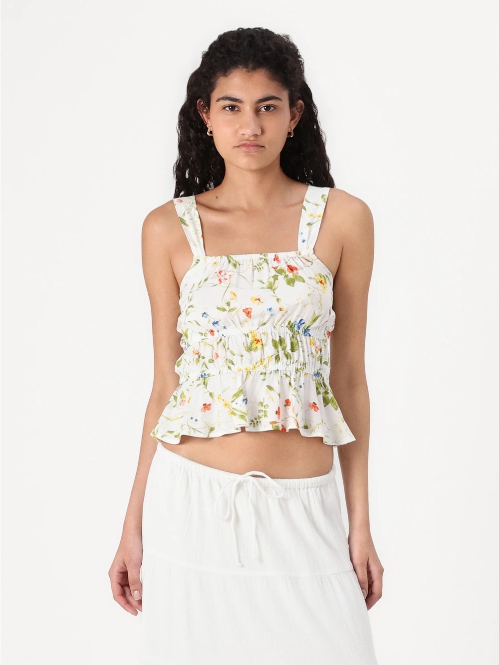 Vero Moda Dainty White Floral Shirred Peplum Camisole Square Neckline